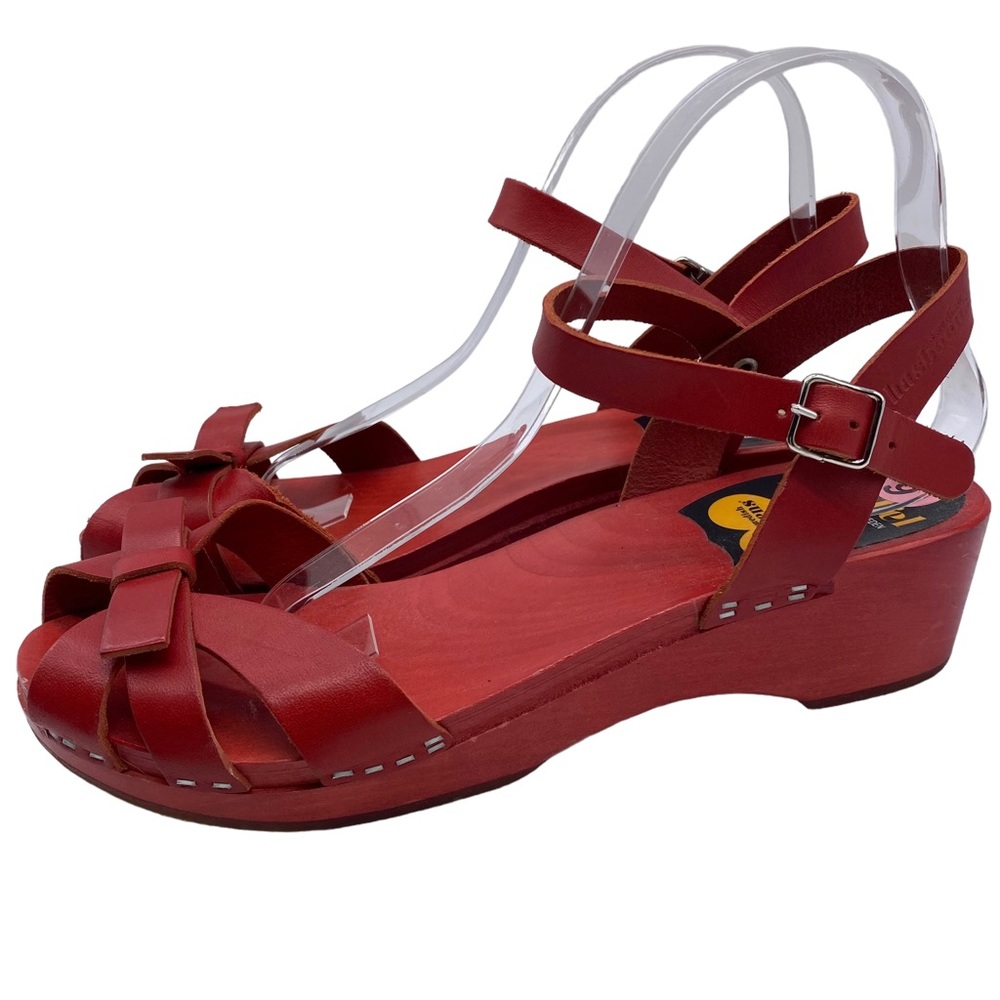 Swedish Hasbeens Sandal Red Leather Clog Bow Buckle Wood Size 8.5 - Picture 1 of 15
